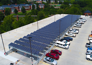 A solar array is mounted on the roof of a parking garage on the campus of Washington & Lee University in Lexington, Virginia.