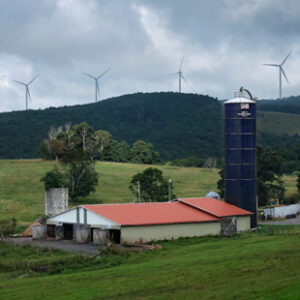 A barn with a red roof and tall silo stand in a rural field with wind turbines in the background.