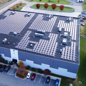 An aerial photo shows solar panels on the roof of a cold storage warehouse operated by InterChange Group in Virginia.