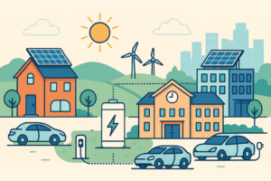 City with solar panels, EVs and batteries.